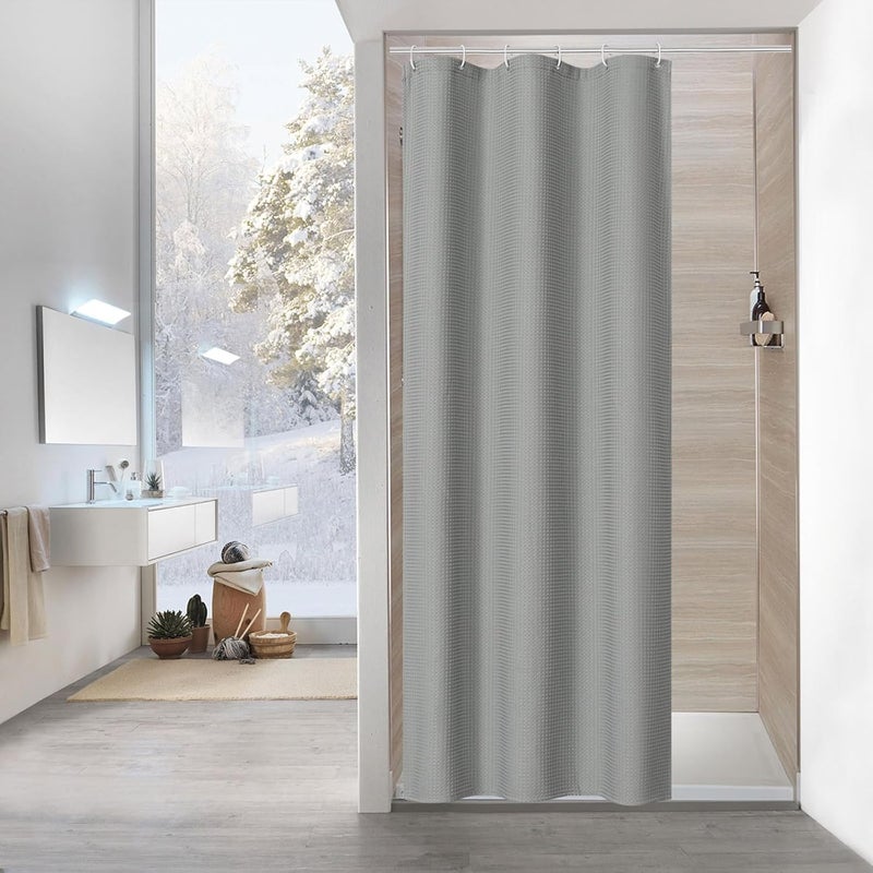 MitoVilla Grey Waffle Small Stall Shower Curtain 36 x 72, Farmhouse Half Size Shower Curtain Liner, Fabric Narrow Shower Curtains for Bathroom Decor, 36 inch Waffle Weighted Shower Curtain Set, Gray - Image 1