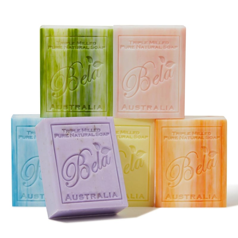 BELA Soap Variety Pack 33 OZ Pack of 6 Long Lasting French Triple Milled Bar Soap with Organic Shea Butter Hand Face and Body Wash Bar Made in Australia