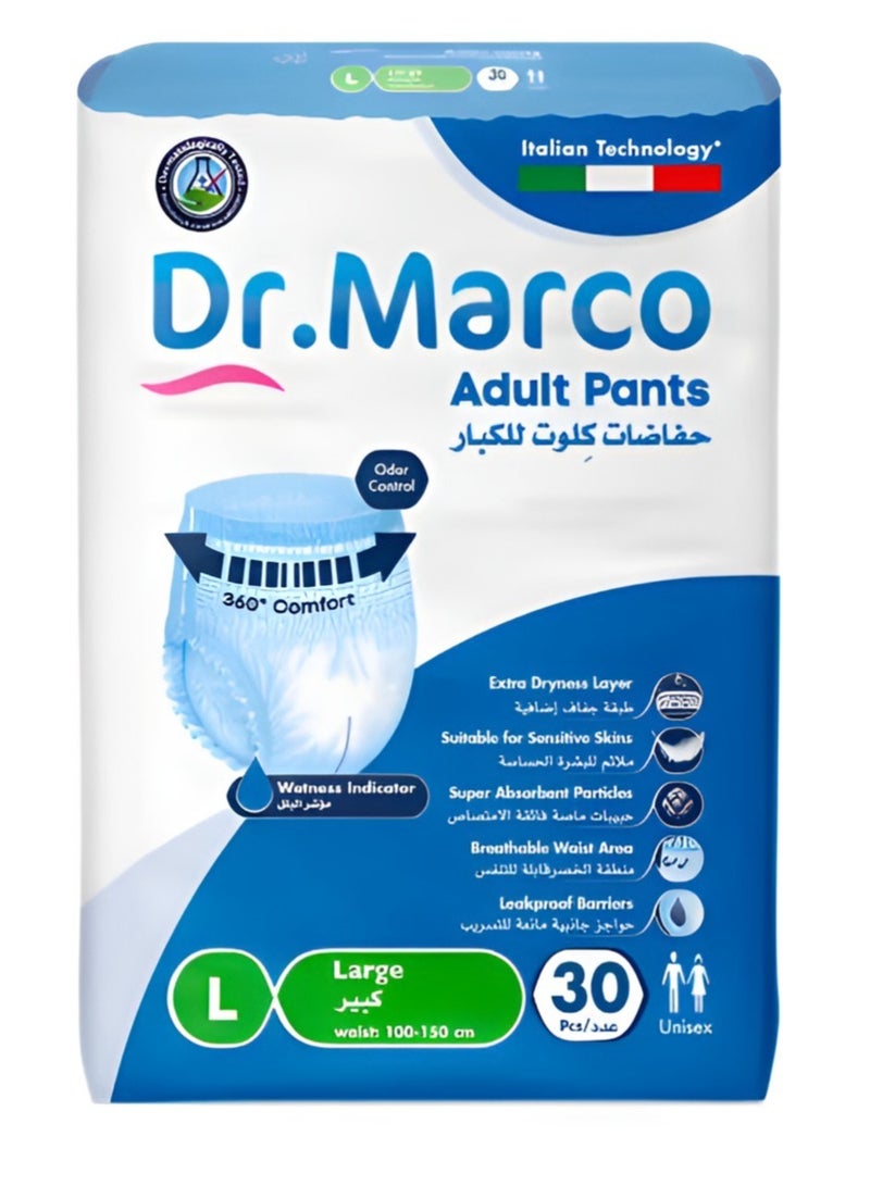 Dr. Marco Adult Culotte Diaper, Size Large, 30 Count Turkish made pull-up Pants with Wetness Indicator, Italian Technology