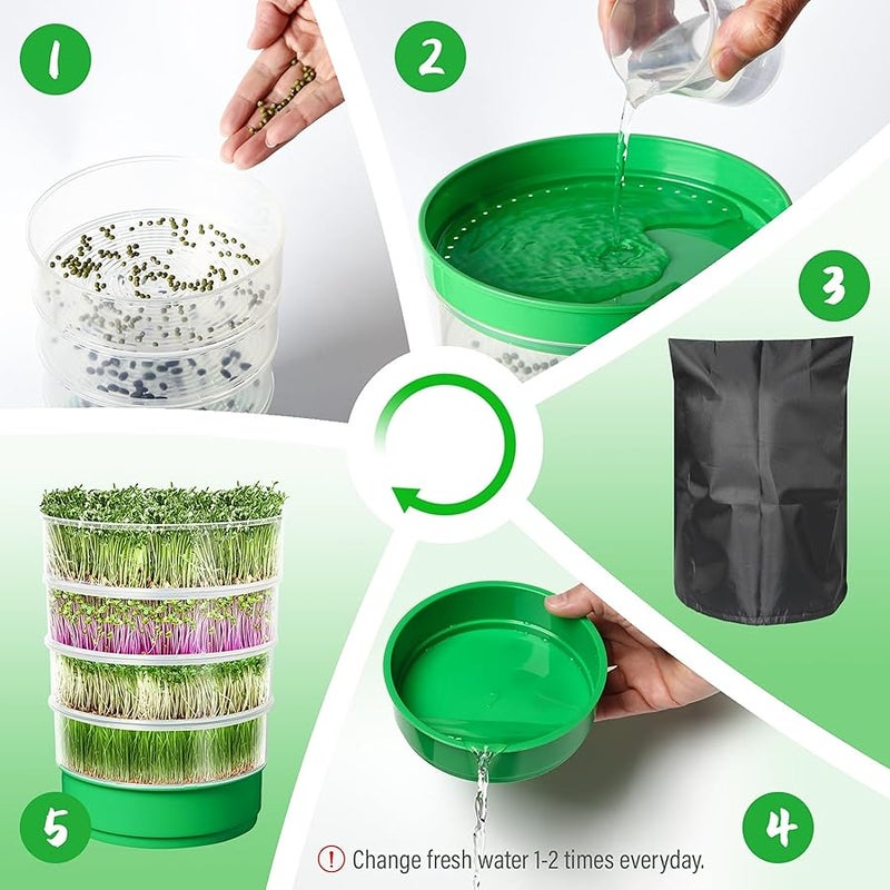 AOMGD 4-Tier Seed Sprouting Kit,Microgreens Growing Trays with Sprout Lid, Blackout Sleeve u0026 Drain Tray,Upgrade Stackable Sprouts Growing Kit, Fresh Soil-Free Seedling Box for Beans Alfalfa Seeds - Image 2