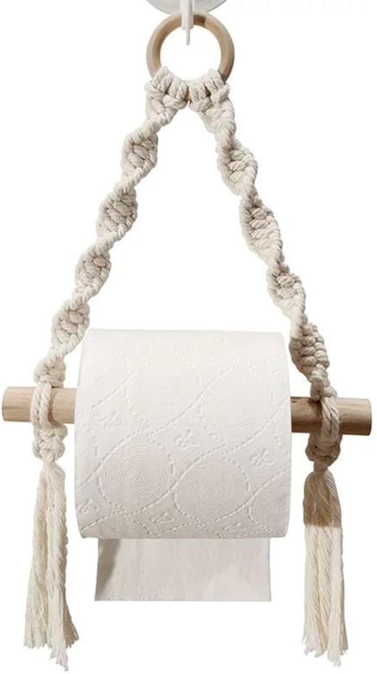 حامل مناديل وأوشحة - حامل جداري مكرمية مزخرف لمناشف المطبخ الورقية وورق التواليت، بتصميم حبل مضفر طبيعي على الطراز البوهيمي للحمام