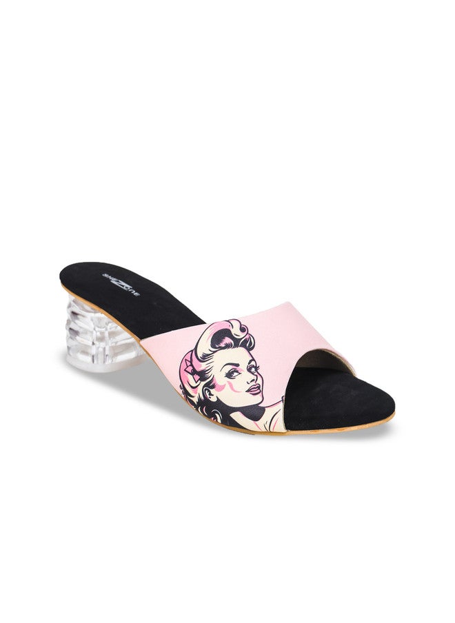 She Zone Pink Printed Block Heel Sandals for Women - Image 2