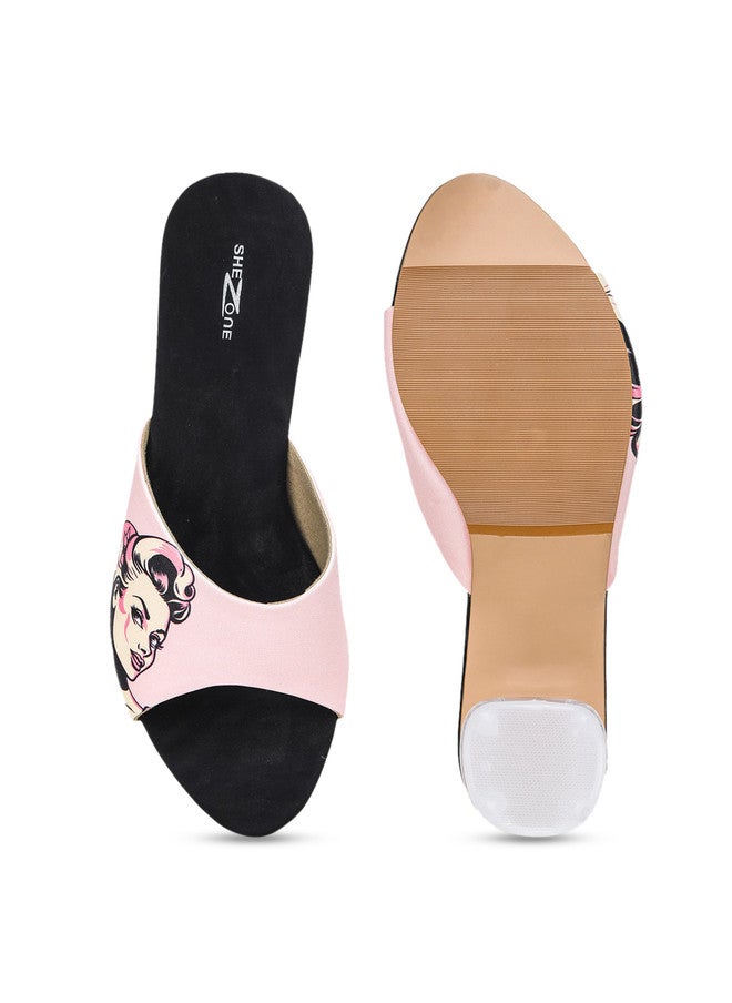 She Zone Pink Printed Block Heel Sandals for Women - Image 5