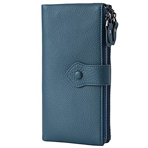 Bveyzi Women Soft Leather RFID Blocking Bifold Slim Wallets Ladies Credit Card Holder Double Zipper Pocket(Blue) - Image 1