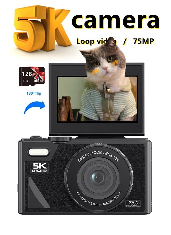 Makrystorm Digital Camera, 5K Vlogging Camera, Kids Camera 75MP Point and Shoot Digital Cameras with 128GB TF Card, 18X Zoom, For Kids Boys Girls  - Image 1