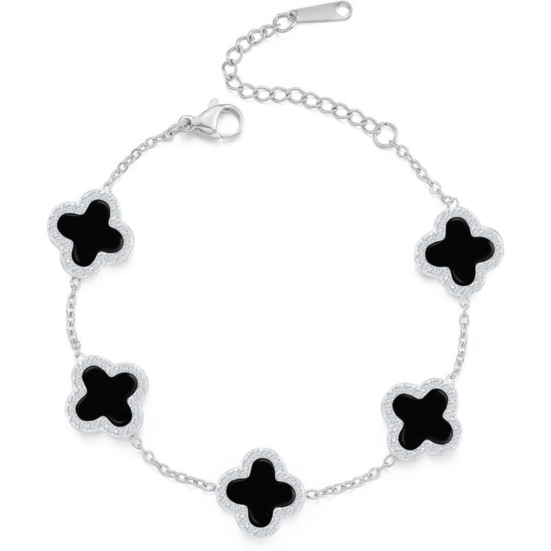 SHINYY Four Leaf Clover Bracelet for Women | 18K Gold Plated Cubic Zirconia Link Bracelet | 4 Leaf Lucky Jewelry Gift for Her (Black Silver) - Image 1