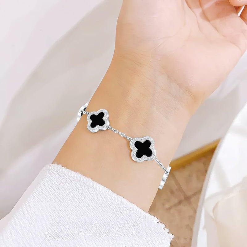 SHINYY Four Leaf Clover Bracelet for Women | 18K Gold Plated Cubic Zirconia Link Bracelet | 4 Leaf Lucky Jewelry Gift for Her (Black Silver) - Image 2