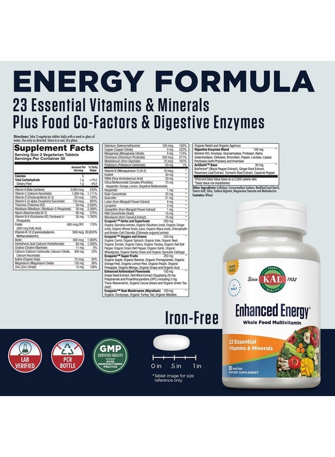 KAL Enhanced Energy Supplements, 3 Daily - Whole Food Multivitamin for Women and Men, Iron Free - 23 Essential Vitamins, Minerals, Super Foods, Digestive Enzymes, 60-Day Guarantee, 30 Serv, 90 VegTabs - Image 2