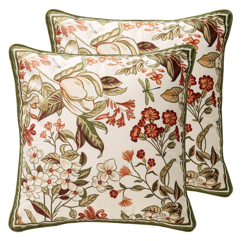 ISAENNE Design Square Vintage Cottage Throw Pillow Covers 18"x18" Set of 2,Soft Velvet Cushion Cover with Red Wild Floral Pattern Decor Pillowcases for Bed,Living Room,Outdoor,Car - Image 1