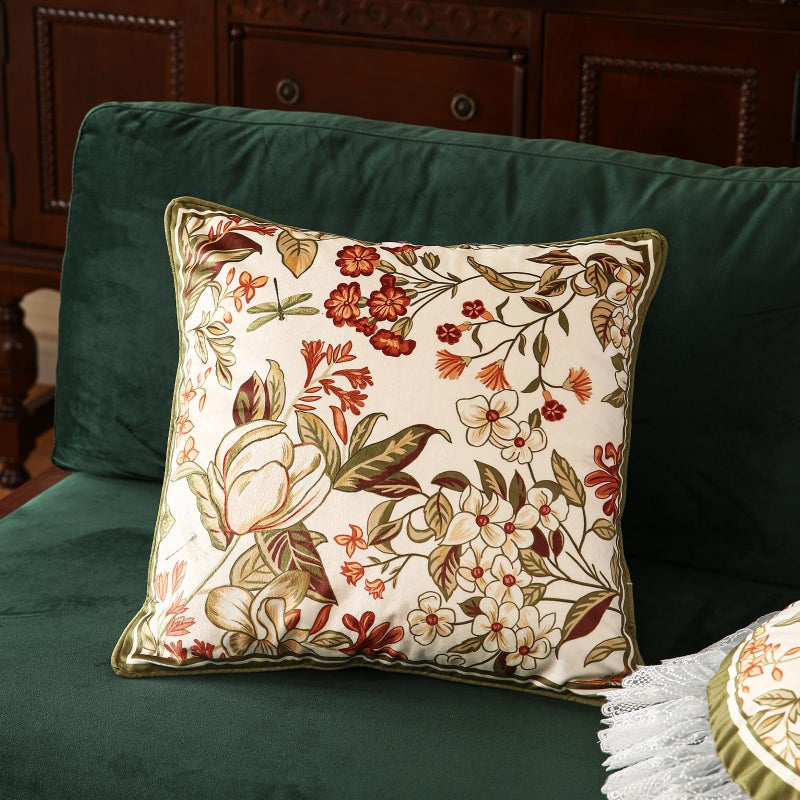 ISAENNE Design Square Vintage Cottage Throw Pillow Covers 18"x18" Set of 2,Soft Velvet Cushion Cover with Red Wild Floral Pattern Decor Pillowcases for Bed,Living Room,Outdoor,Car - Image 2