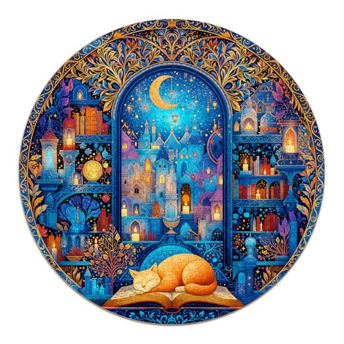 SECOGM Bookshelf Cat Puzzles for Adults 1000 Pieces Round Watercolor Jigsaw Puzzles 1000 Pieces Impossible Difficult Hard Challenging Puzzles for Adults Art Puzzle for Home Decor 265 265in - Image 1