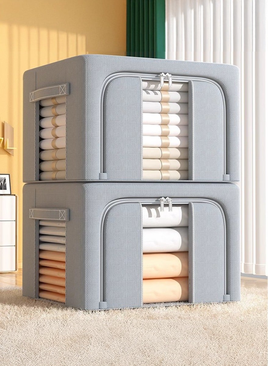 2 Pack Foldable Stackable Large Capacity Clothes Storage Blanket, Drawer Storage Organizer Bag, Closet Organizer Basket, Cloth Container Bins with Metal Frame, Double Window, Handle