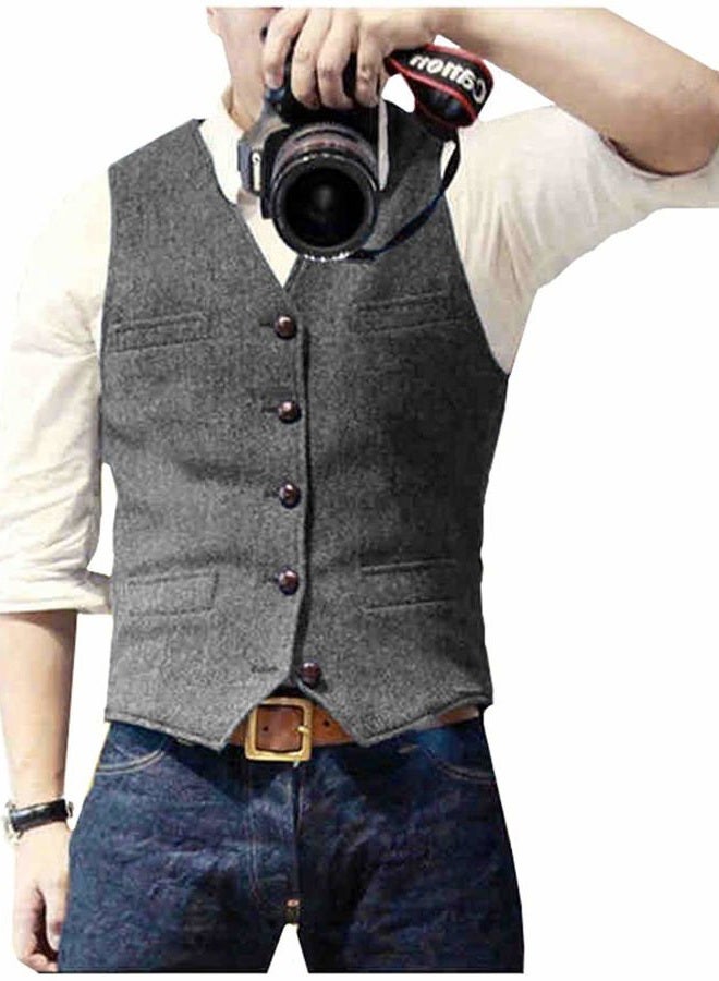 Ceehuteey Mens Suit Vest Waistcoat Tweed Retro V Neck Wool Herringbone for Prom - Image 1