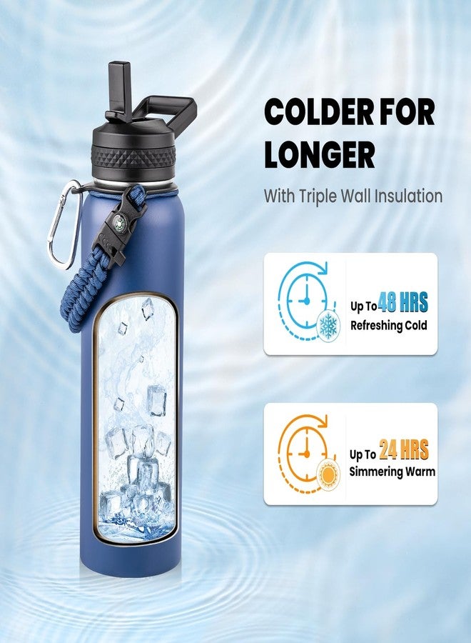 RAYMYLO Insulated Water Bottle 40 oz, Triple Wall Vacuum Stainless Steel (Cold for 48 Hrs), Leak Proof & Non-BPA, Modern Water Flask Jug with Paracord Handle & Straw Spout Lids, Navy Blue - Image 2