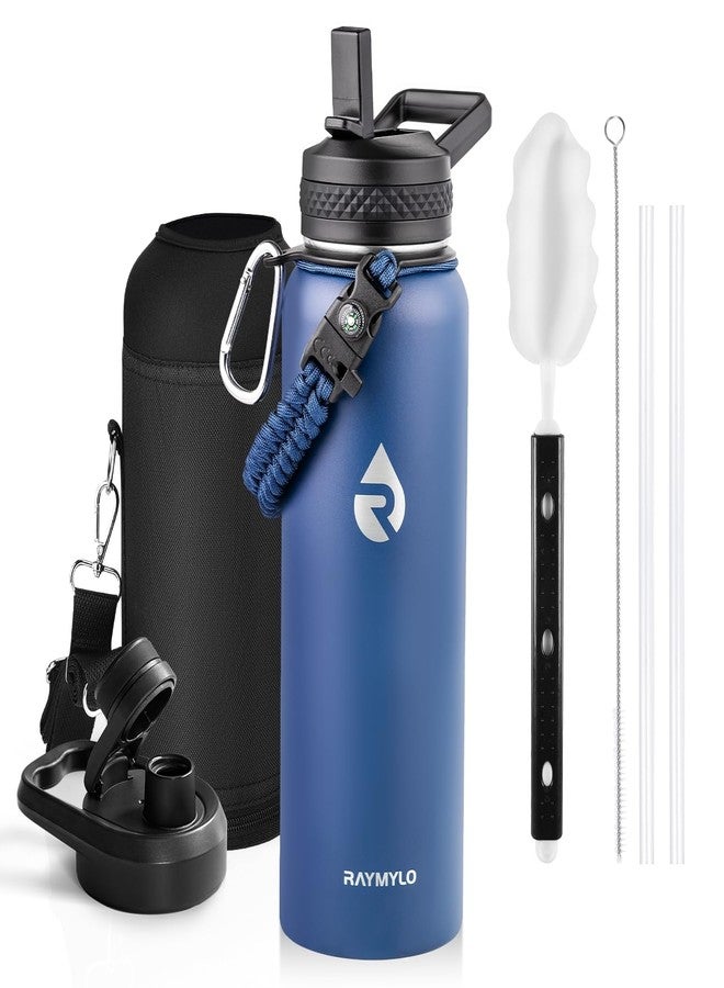 RAYMYLO Insulated Water Bottle 40 oz, Triple Wall Vacuum Stainless Steel (Cold for 48 Hrs), Leak Proof & Non-BPA, Modern Water Flask Jug with Paracord Handle & Straw Spout Lids, Navy Blue - Image 1