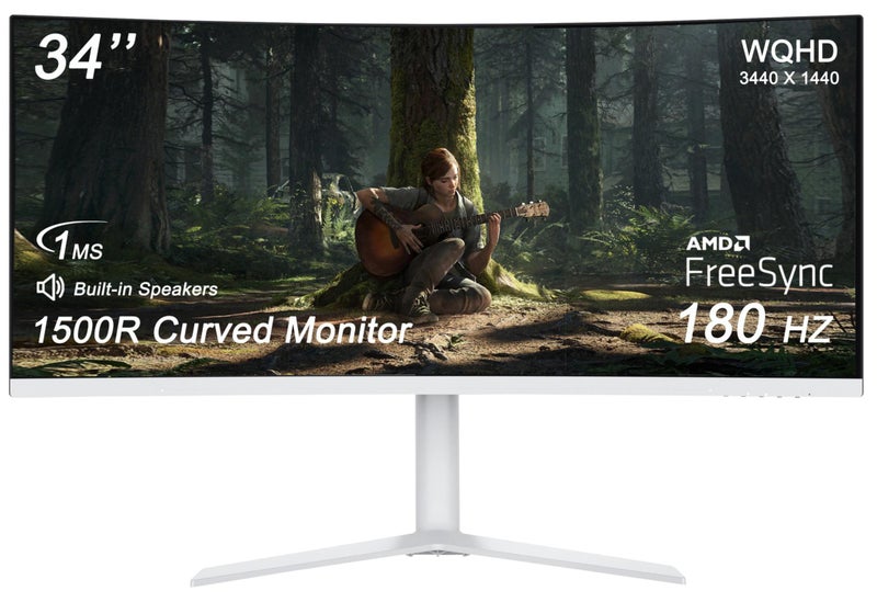 JN 34-Inch Ultra-Wide Curved Gaming Monitor, 3440 x 1440 WQHD, 180Hz, 1ms, VA Panel with LED Backlight, Built-in Speakers, 1500R Curvature, 2 x HDMI 2.0 & 2 x DisplayPort 1.4, White - Image 1