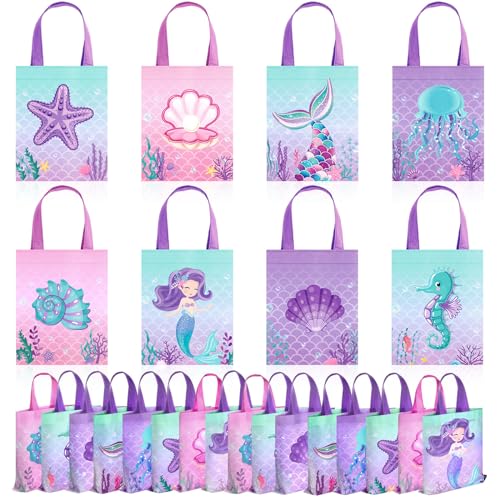 Photect 32 Pcs Mermaid Party Favor Bags Under the Sea Party Goodie Bags Marine Sea Animals Treat Bags Reusable Mermaid Theme Non Woven Tote Bags for Girls Birthday Ocean Party Baby Shower Supplies - Image 1