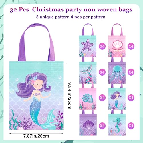 Photect 32 Pcs Mermaid Party Favor Bags Under the Sea Party Goodie Bags Marine Sea Animals Treat Bags Reusable Mermaid Theme Non Woven Tote Bags for Girls Birthday Ocean Party Baby Shower Supplies - Image 2