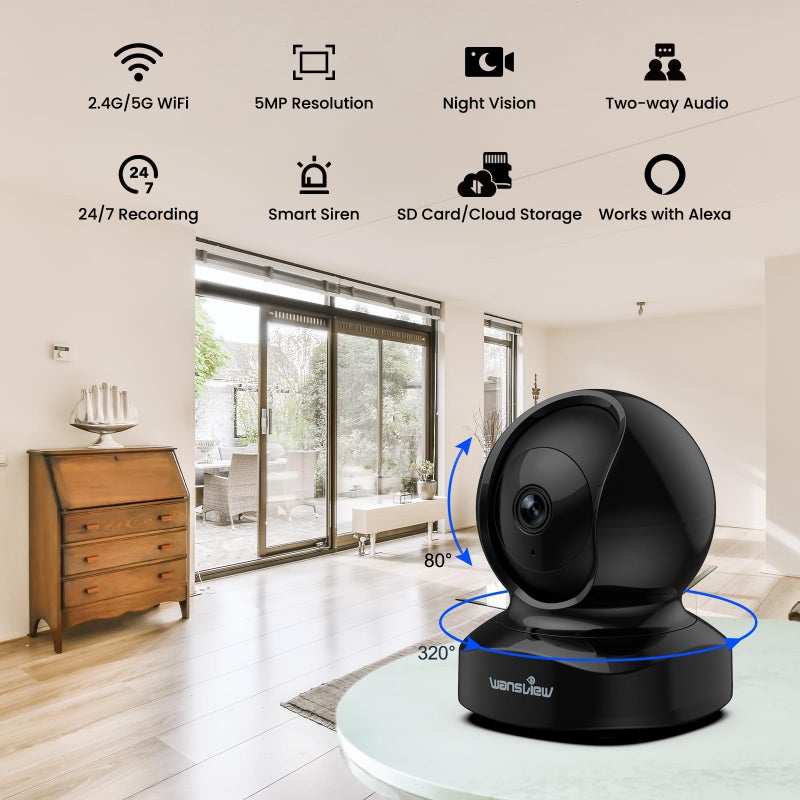 wansview Security Camera, IP Camera, WiFi Home Indoor Camera for Baby/Pet/Nanny, 2 Way Audio Night Vision, Compatible with Alexa, with TF Card Slot and Cloud, Q5 (Black, 5MP) - Image 2
