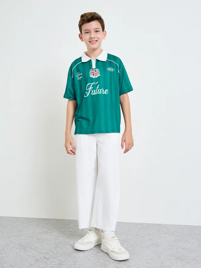 Styli Styli Boys Contrast Collar Raglan Sleeve T-Shirt with Text Print