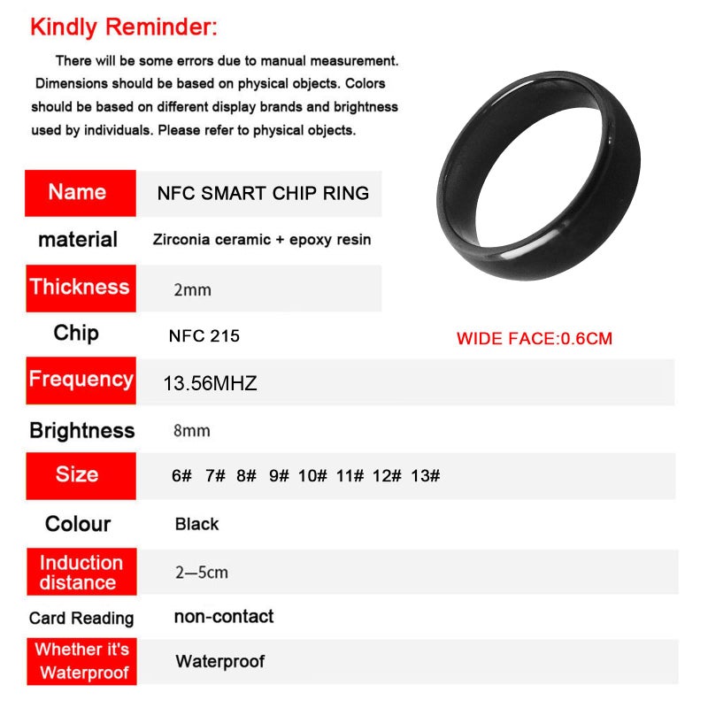hecere Waterproof Ceramic NFC Ring, NFC Forum Type 2 215 496 Bytes Chip Universal for Mobile Phone, All-Round Sensing Technology Wearable Smart Ring, Fasion Ring for Men or Women (10#, Black) - Image 3