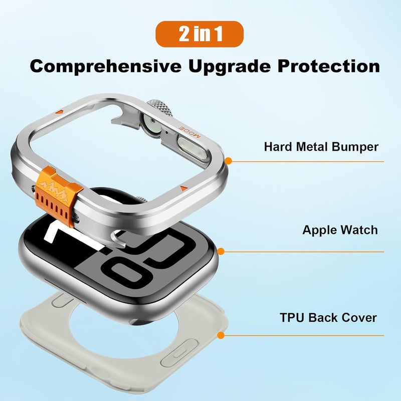 Suphart 2 in 1 Case Compatible with Apple Watch Series 10 46mm Cover, [Turn 46mm into Ultra Look] Rugged Bumper Protective Case with Back Cover for iWatch 46mm, Silver - Image 2