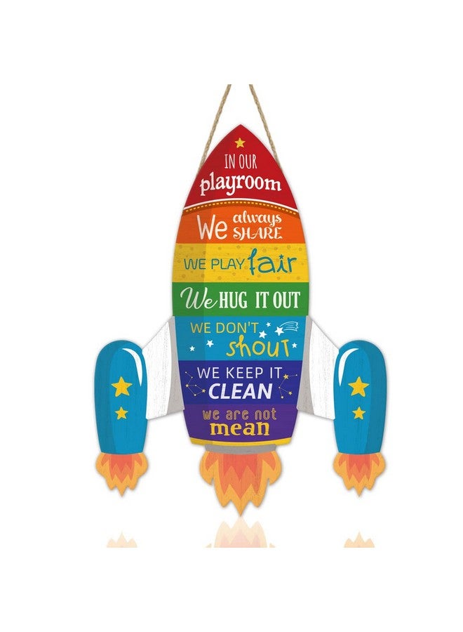 IARTTOP Cartoon Universe Rocket Wood Sign for Playroom Rule Wooden Hanging, Funny Outer Space Wall Decor for Boy Room, Universe Space Wall Art Door Sign, Rocket Shape Nursery Art Kids Game Room Decor - Image 1