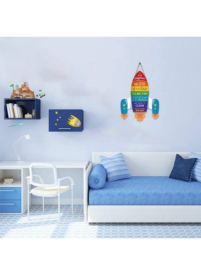 IARTTOP Cartoon Universe Rocket Wood Sign for Playroom Rule Wooden Hanging, Funny Outer Space Wall Decor for Boy Room, Universe Space Wall Art Door Sign, Rocket Shape Nursery Art Kids Game Room Decor - Image 2