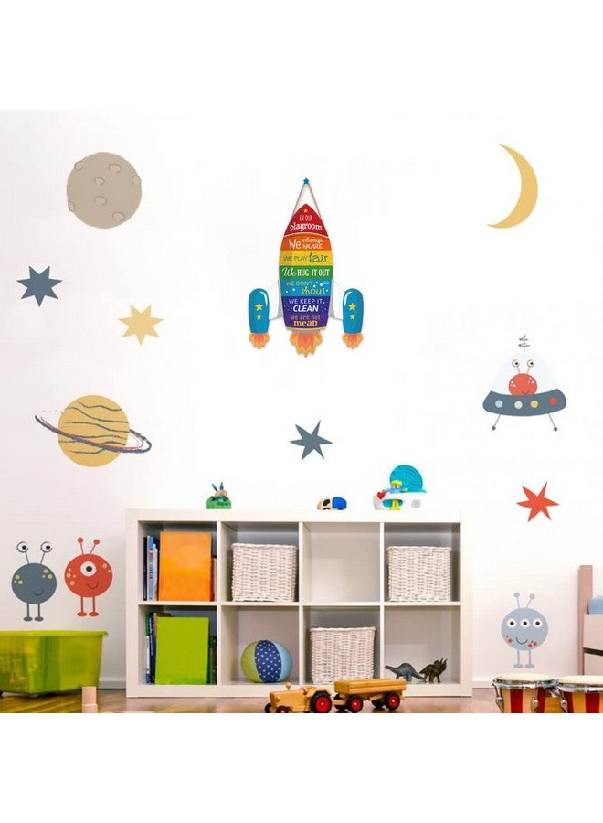 IARTTOP Cartoon Universe Rocket Wood Sign for Playroom Rule Wooden Hanging, Funny Outer Space Wall Decor for Boy Room, Universe Space Wall Art Door Sign, Rocket Shape Nursery Art Kids Game Room Decor - Image 4