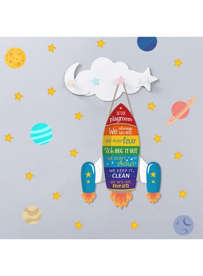 IARTTOP Cartoon Universe Rocket Wood Sign for Playroom Rule Wooden Hanging, Funny Outer Space Wall Decor for Boy Room, Universe Space Wall Art Door Sign, Rocket Shape Nursery Art Kids Game Room Decor - Image 5