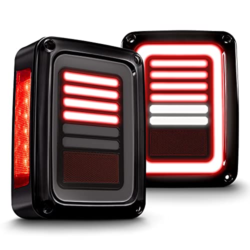 ONLINE LED STORE TRUE MODS LED Rear Tail Light Replacement for Jeep Wrangler 2007-2018 [Line & Halo Design] [Smoke Lens] [Plug n Play] - Brake Tail Light Compatible with Jeep Wrangler JK JKU Unlimited Accessories - Image 1