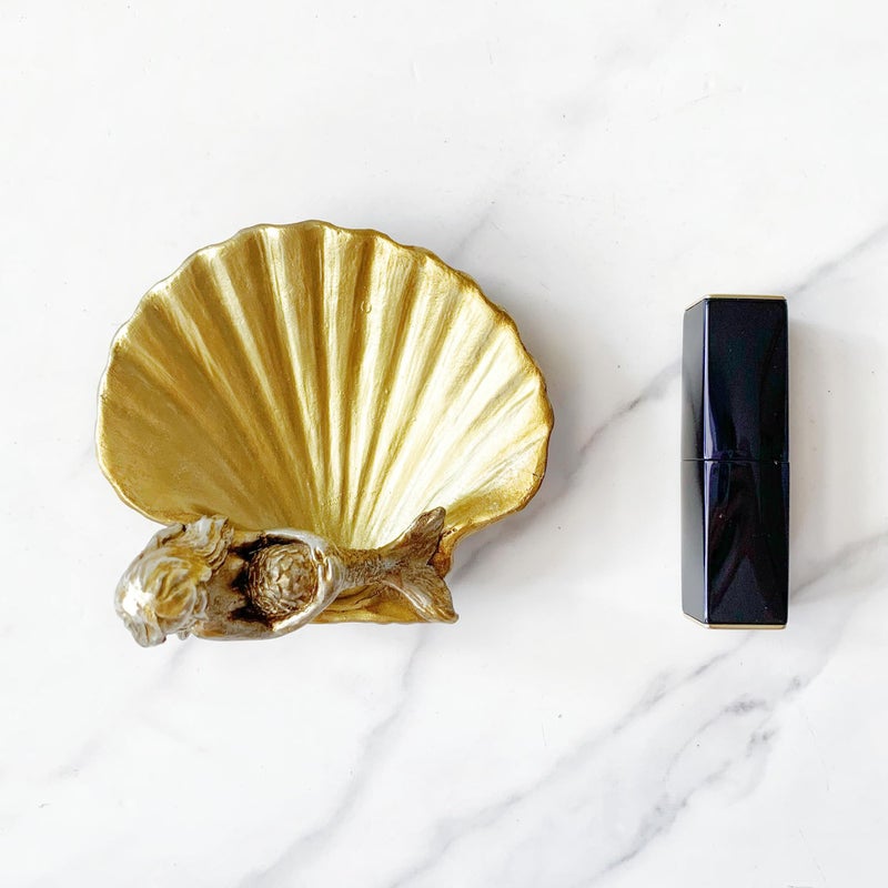 Pewery Jewelry Dish, Resin Mermaid Shell Dish Ring Holder Jewelry Organizer Trinket Dish, Golden Mermaid Shell Statue Home Decor for Home Office Desktop Bookshelf - Image 3