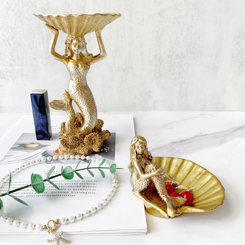 Pewery Jewelry Dish, Resin Mermaid Shell Dish Ring Holder Jewelry Organizer Trinket Dish, Golden Mermaid Shell Statue Home Decor for Home Office Desktop Bookshelf - Image 5