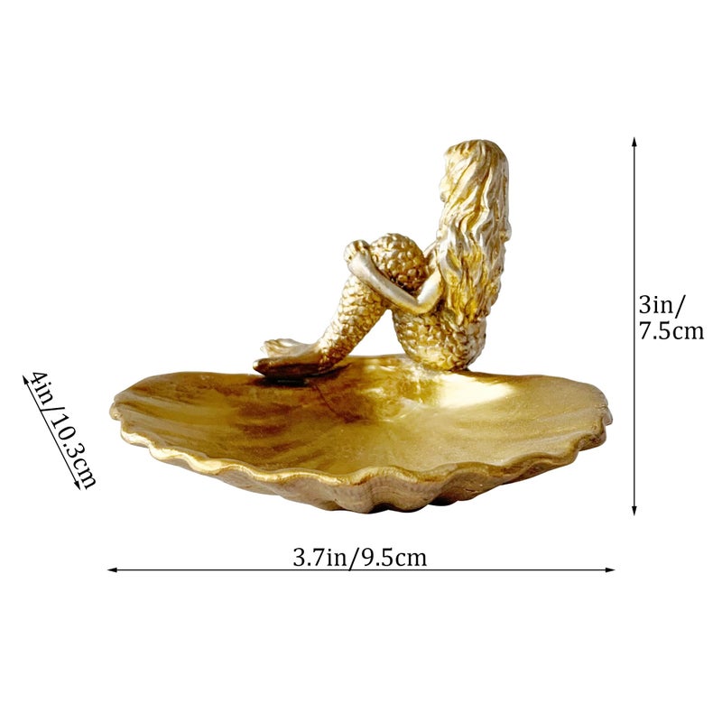 Pewery Jewelry Dish, Resin Mermaid Shell Dish Ring Holder Jewelry Organizer Trinket Dish, Golden Mermaid Shell Statue Home Decor for Home Office Desktop Bookshelf - Image 2