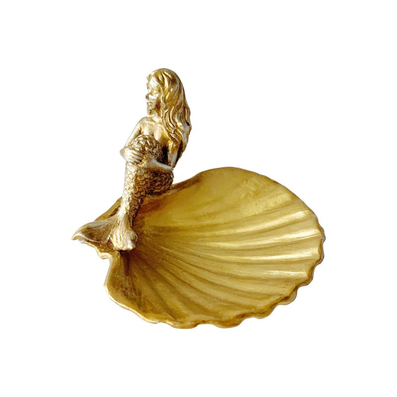 Pewery Jewelry Dish, Resin Mermaid Shell Dish Ring Holder Jewelry Organizer Trinket Dish, Golden Mermaid Shell Statue Home Decor for Home Office Desktop Bookshelf - Image 1
