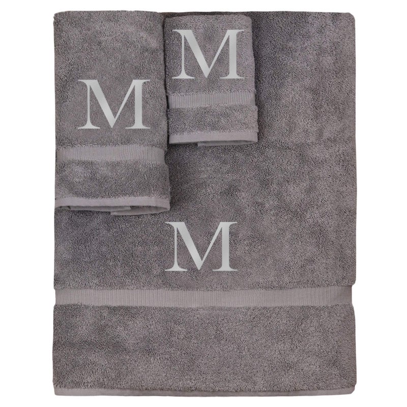 Monogrammed Towel Set Personalized Gift Set of 3 Silver Block Letter Embroidered Towel  Extra Absorbent 100 Turkish Cotton  Soft Terry Finish  Initial M Gray