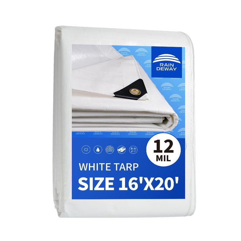 RAINDEWAY 12 Mil Heavy Duty White Tarp 16x20 Feet UV Resistant Waterproof Weatherproof Poly Tarp with Metal Grommets and Reinforced Edges