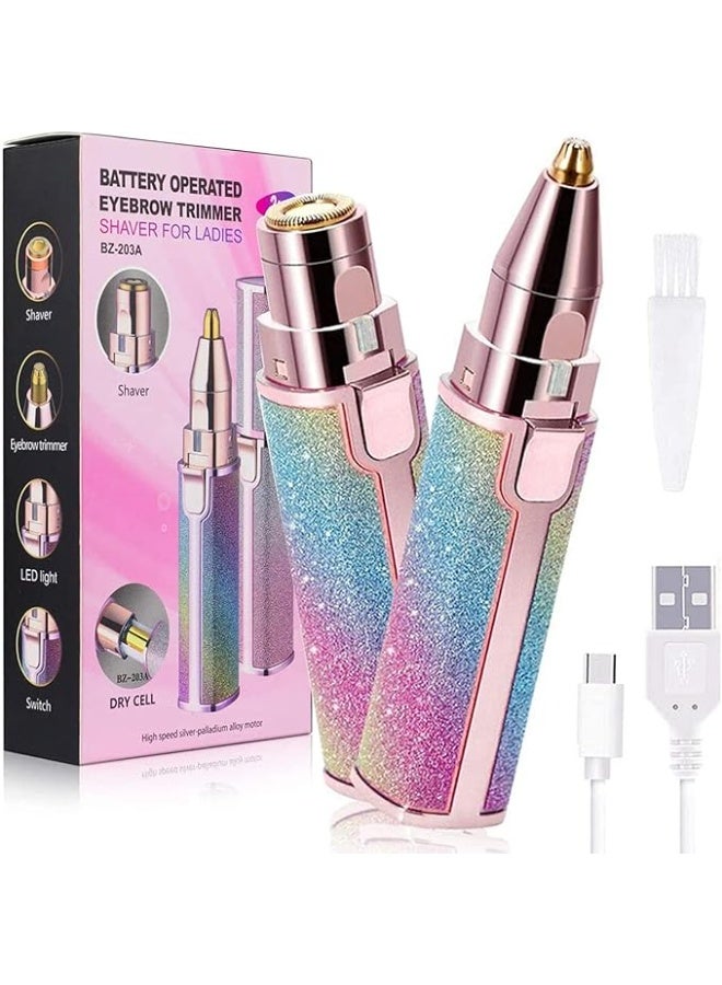 A ZONE Eyebrow Trimmer Facial Hair Remover for Women, Rechargeable Body Face Hair Shaver Razor USB Electric Remover Nose Lips Armpit Bikini Painless Built-in LED Light Lady Gift (Rainbow 1 Pack 2 Heads)