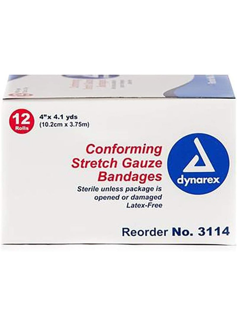 Dynarex CONFORMING STRETCH GAUZE 4" STERILE ROLL BANDAGE 12 ROLLS #3114 DYNAREX 