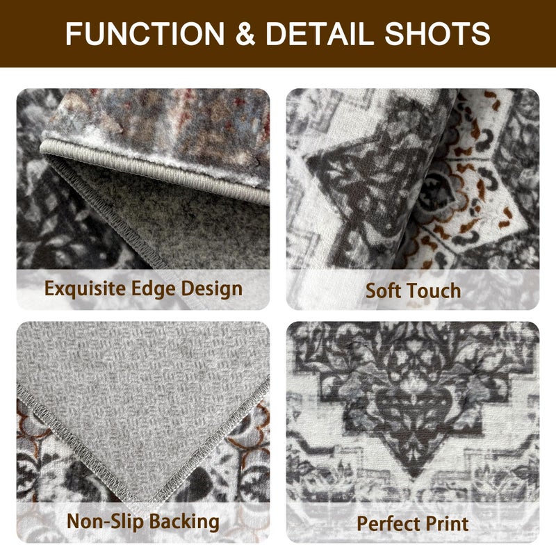 Tritard 100% Non Slip Kitchen Rugs Sets of 3 Washable Boho Kitchen Mats for Floor Vintage Farmhouse Kitchen Rug Soft Runner Rug for Hallway, Laundry Room, Indoor Entryway, Grey3 - Image 4