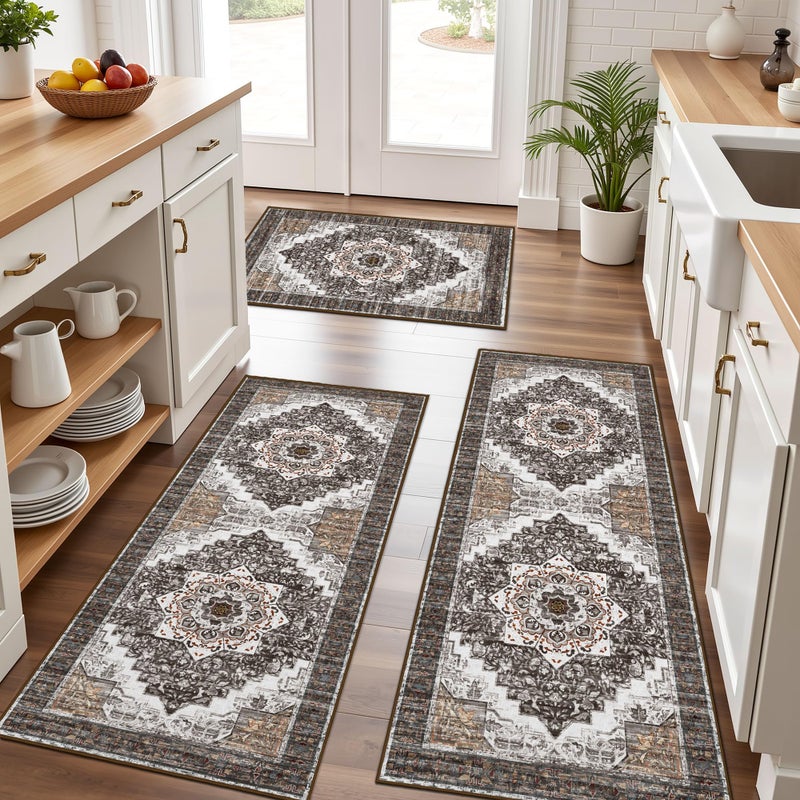 Tritard 100% Non Slip Kitchen Rugs Sets of 3 Washable Boho Kitchen Mats for Floor Vintage Farmhouse Kitchen Rug Soft Runner Rug for Hallway, Laundry Room, Indoor Entryway, Grey3 - Image 1