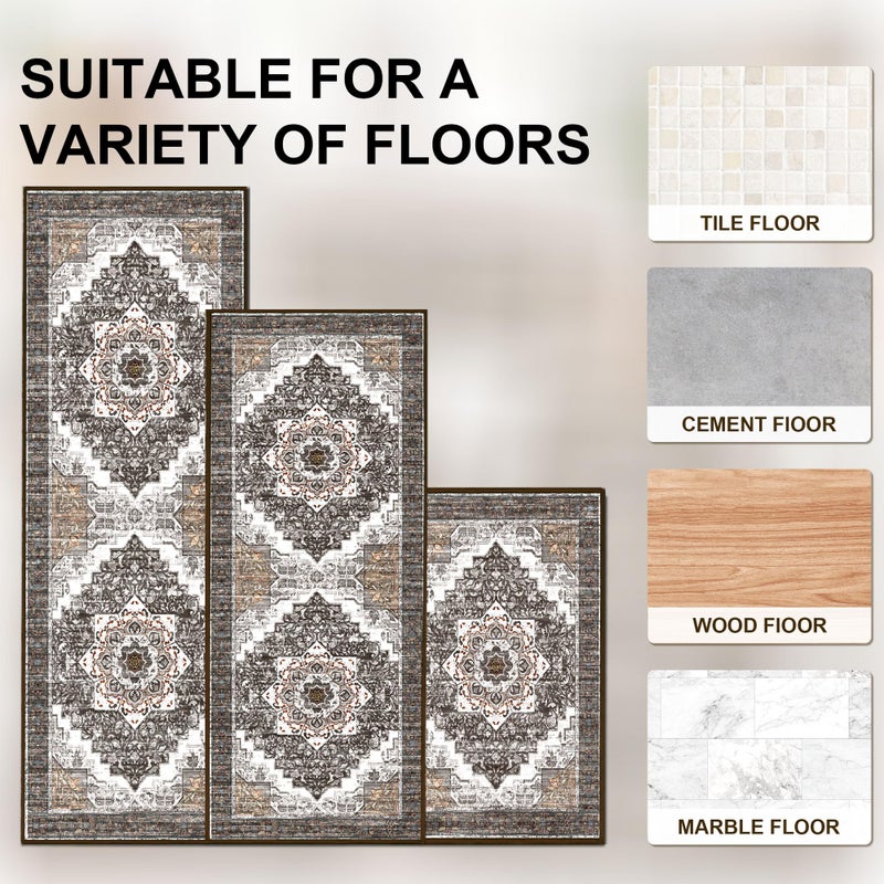 Tritard 100% Non Slip Kitchen Rugs Sets of 3 Washable Boho Kitchen Mats for Floor Vintage Farmhouse Kitchen Rug Soft Runner Rug for Hallway, Laundry Room, Indoor Entryway, Grey3 - Image 3