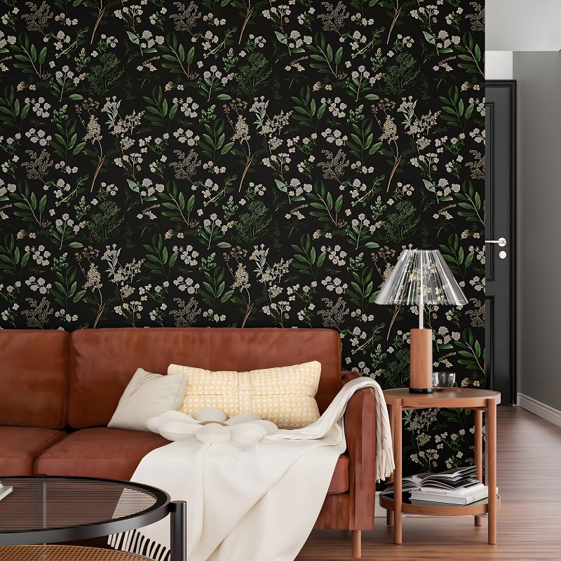 Laatse Dark Floral Wallpaper Peel and Stick Green Leaf Wallpaper Vintage Flowers Contact Paper Waterproof Self Adhesive Boho Delicate Wall Paper for Cabinet Kitchen Walls Locker 17.5in x9.8ft - Image 4