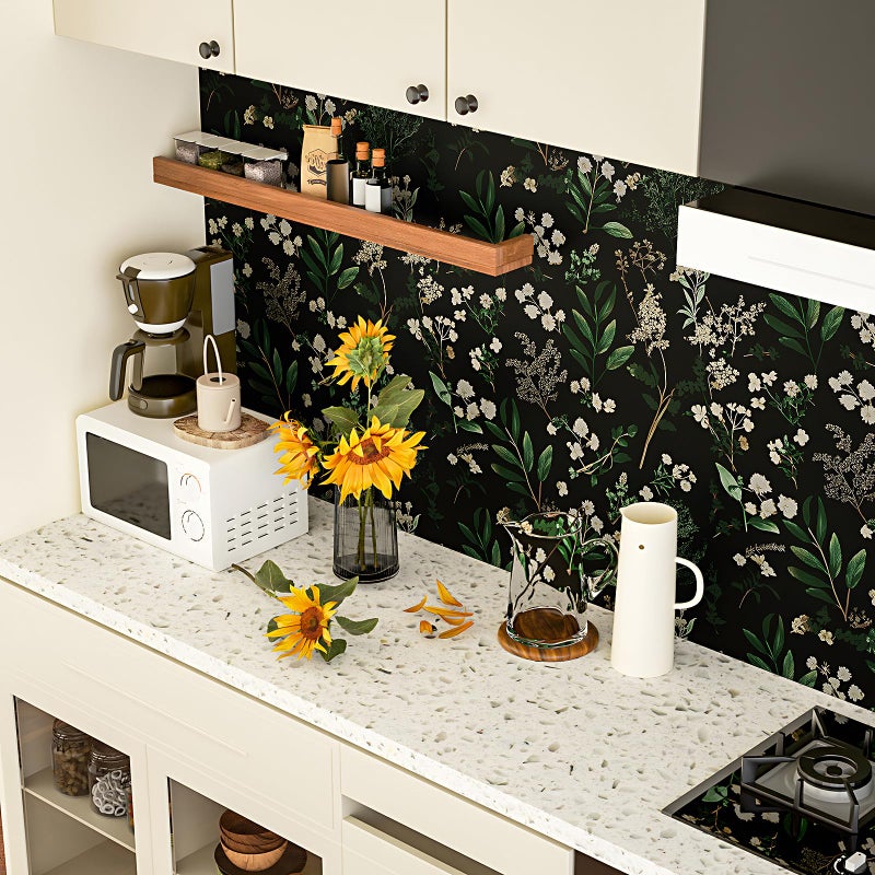 Laatse Dark Floral Wallpaper Peel and Stick Green Leaf Wallpaper Vintage Flowers Contact Paper Waterproof Self Adhesive Boho Delicate Wall Paper for Cabinet Kitchen Walls Locker 17.5in x9.8ft - Image 2