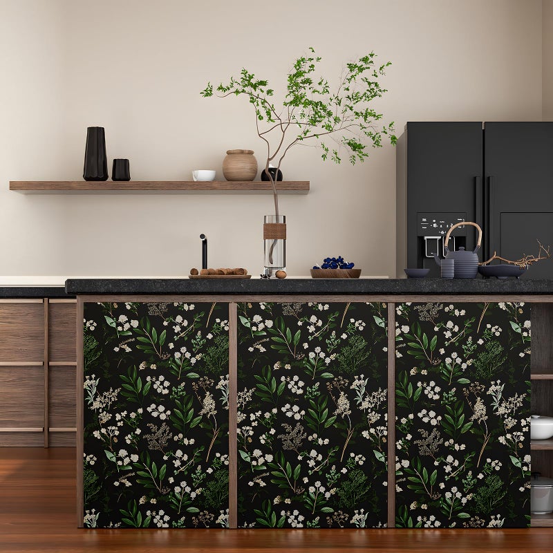 Laatse Dark Floral Wallpaper Peel and Stick Green Leaf Wallpaper Vintage Flowers Contact Paper Waterproof Self Adhesive Boho Delicate Wall Paper for Cabinet Kitchen Walls Locker 17.5in x9.8ft - Image 3