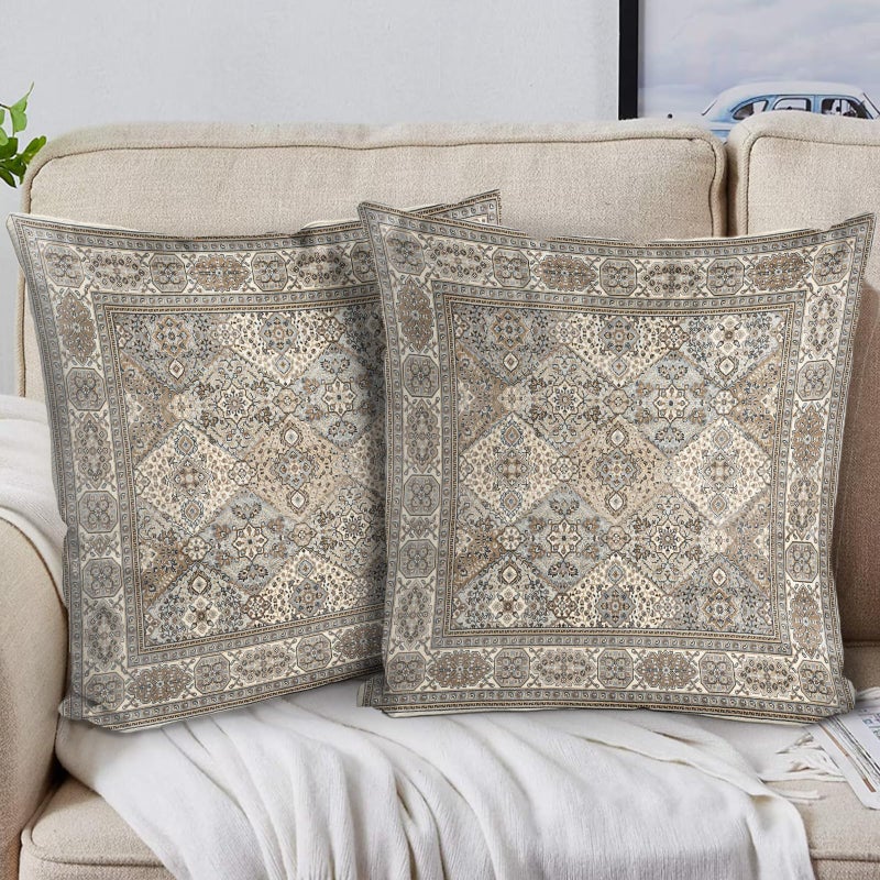 BUAEL Boho Floral Throw Pillow Covers 20x20 inch Set of 2,Grey Boho Rug Geometric Floral Pattern Decor Double Sided Pattern Cushion Cover Soft Pillow Case Living Sofa Room Bed Square Pillow Cover - Image 1