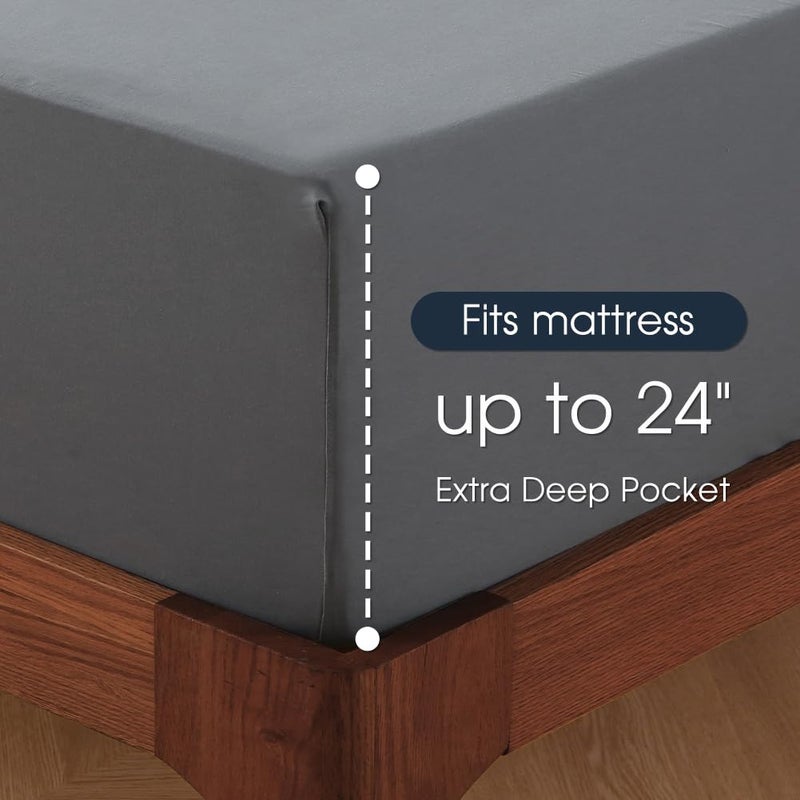 HYPREST Extra Deep Pocket Queen Sheet Sets Fits 18"-24" in Deep Mattress -100% Cotton Queen Sheet Set,Grey Hotel Luxury Soft Wrinkle Free Cooling Sheet Sets for Queen Bed Deep Pocket - Image 3