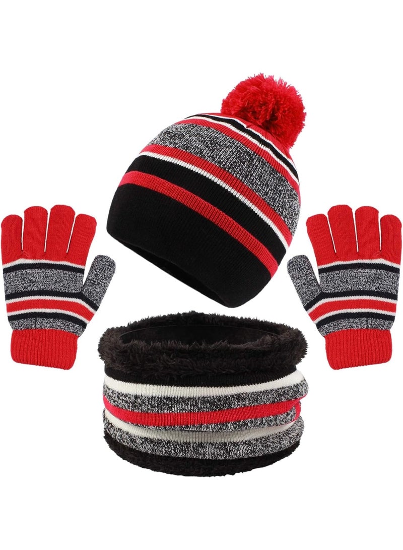 SOLARAE Kids Winter Hat Gloves Scarf Set, 3 Pack Toddler Beanie with Knit Pom, Knit Fleece Lined Neck Warmer Scarf Set for Boys Girls 3-8 Years, Red - Image 1