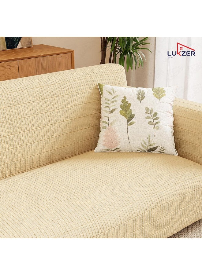 Lukzer 3 Seater Textured Cream Box Pattern Universal Sofa Cover | 360° Fully Covered Anti-Slip Washable Couch Cover Protecter | 280 GSM Stretch Fit Jacquard Fabric Slipcover (180-230cm/SC-055-03) - Image 5