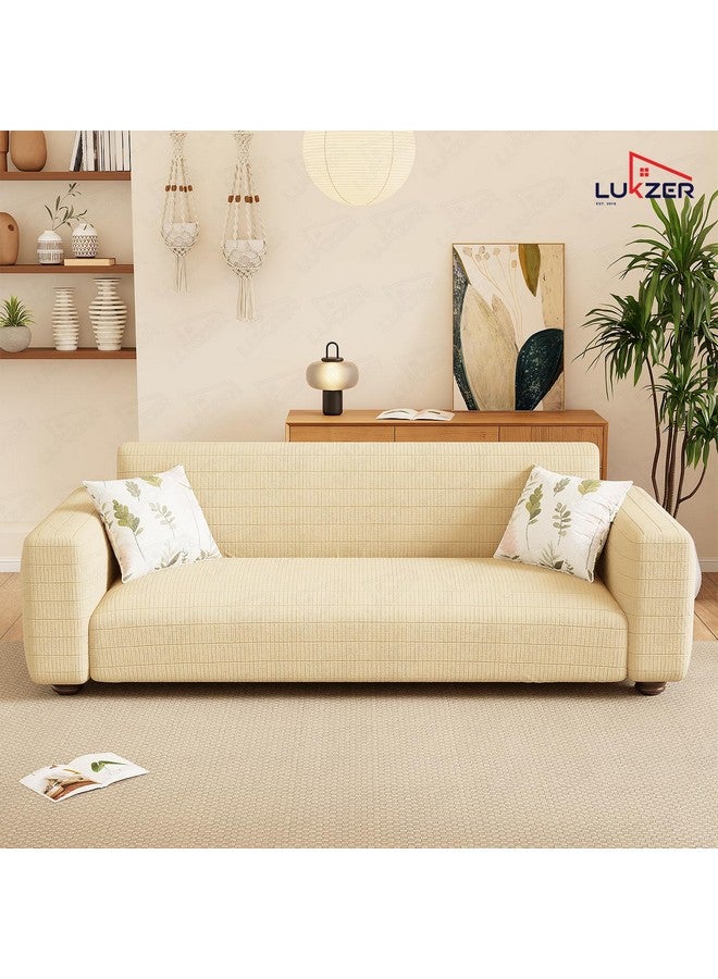 Lukzer 3 Seater Textured Cream Box Pattern Universal Sofa Cover | 360° Fully Covered Anti-Slip Washable Couch Cover Protecter | 280 GSM Stretch Fit Jacquard Fabric Slipcover (180-230cm/SC-055-03) - Image 4